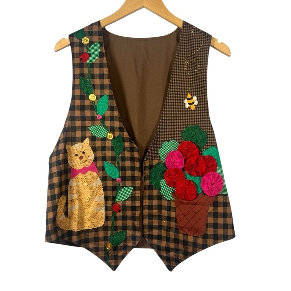 Vintage Handmade Cat Floral Spring Checkered Vest Large